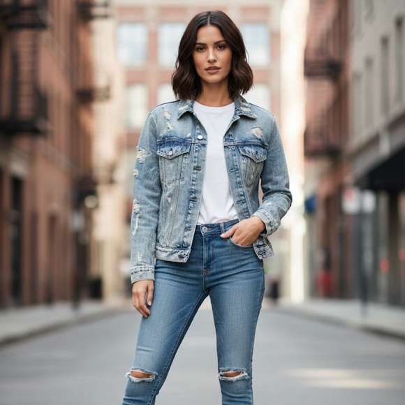 Calvin Klein Jeans Distressed Blue Denim Jacket - Picture 2 of 10